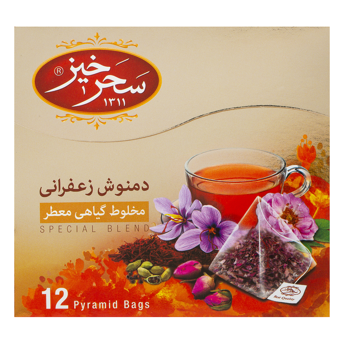 دمنوش کيسه اي زعفراني جعبه مقوايي 12 عددي 24 گرمي سحرخيز