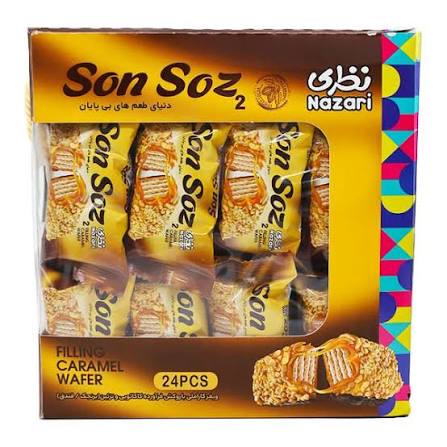 ويفر کاراملي سون سوز نظري 30 گرم با روکش شکلات و برنجک و فندق